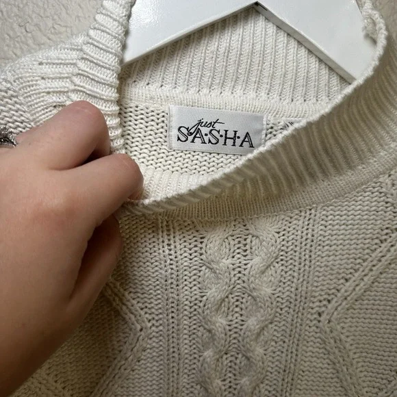 Just‎ SASHA Women M Turtleneck Sweater Chunky Knit Cable Ivory White Boho Cotton - Picture 3 of 4